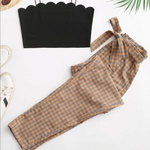 ZAFUL Plaid Tie Waist Paperbag Pants